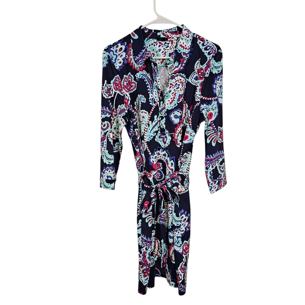 Talbots Petite Paisley Button Down Belted Jersey Knit Colorful Dress